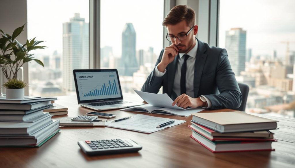 A professional, sleek workspace that embodies the concept of "obligations comptables". In the foreground, a well-organized wooden desk is adorned with neatly stacked accounting books, a calculator, and a laptop displaying financial graphs. In the middle ground, a focused individual in professional business attire is analyzing documents, with a thoughtful expression, surrounded by notes and charts. Large windows in the background allow soft, natural light to flood the room, enhancing the serene atmosphere. A modern cityscape can be seen in the distance, symbolizing business and growth. This composition should reflect a mood of serenity and efficiency, ideal for managing freelance responsibilities. Include subtle branding of "UMALIS GROUP" on the laptop screen.