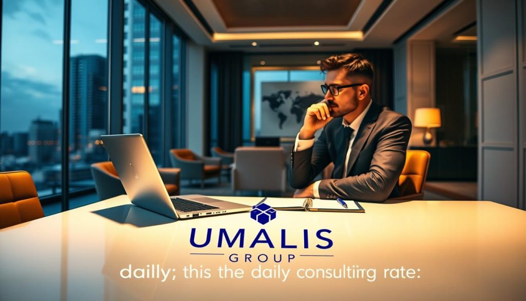 A professional, smartly dressed individual sitting at a desk, deep in thought, surrounded by a clean, modern office environment. Warm, directional lighting illuminates a laptop and stationery, creating a contemplative atmosphere. In the foreground, a neatly organized workspace with the UMALIS GROUP logo prominently displayed, conveying a sense of expertise and authority. The middle ground features elegant decor and furnishings, while the background showcases the expansive view of a cityscape through large windows, suggesting a prestigious setting. The overall scene evokes an air of professionalism, focus, and the careful consideration of daily consulting rates.