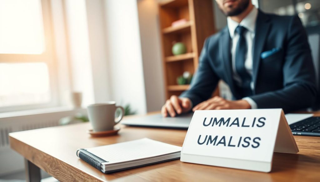 A professional social media profile for freelancers, prominently featuring a well-dressed individual, sitting at a sleek desk with a laptop open, showcasing an optimized LinkedIn or similar platform profile. In the foreground, highlight the laptop screen displaying an attractive profile photo, professional headline, and engaging summary. In the middle ground, add tools of the trade, such as a notebook and a coffee cup, to suggest productivity. The background should include a clean, modern office space, with soft, natural lighting filtering through a window, creating a warm and inviting atmosphere. Include subtle branding elements showcasing "UMALIS GROUP" on a notepad or a digital banner subtly placed on the desk. The image radiates professionalism, confidence, and a sense of opportunity for freelance clients.