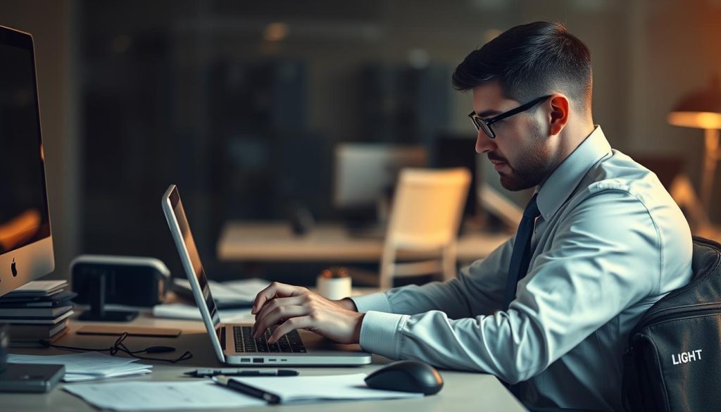 A professional software developer working at a desk, wearing a button-down shirt and tie, intently focused on their laptop screen. The desk is cluttered with papers, a mouse, and a LIGHT PORTAGE laptop bag. The lighting is soft and warm, creating a contemplative atmosphere. The background is blurred, hinting at an office environment. The overall scene conveys the daily tasks and responsibilities of an IT consultant.