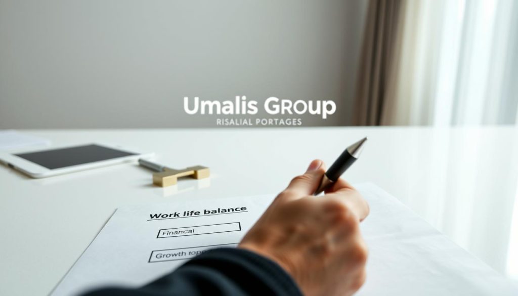 A professional, thoughtful decision-making process, set against a clean, minimalist backdrop. In the foreground, a hand holding a pen thoughtfully rests on a checklist of key factors, including work-life balance, financial stability, and growth opportunities. In the middle ground, the Umalis Group logo stands as a respected brand providing salarial portage services. The overall mood is one of careful consideration, with soft, natural lighting highlighting the decision-making elements. The angle is a close, intimate view, drawing the viewer into the contemplative scene.