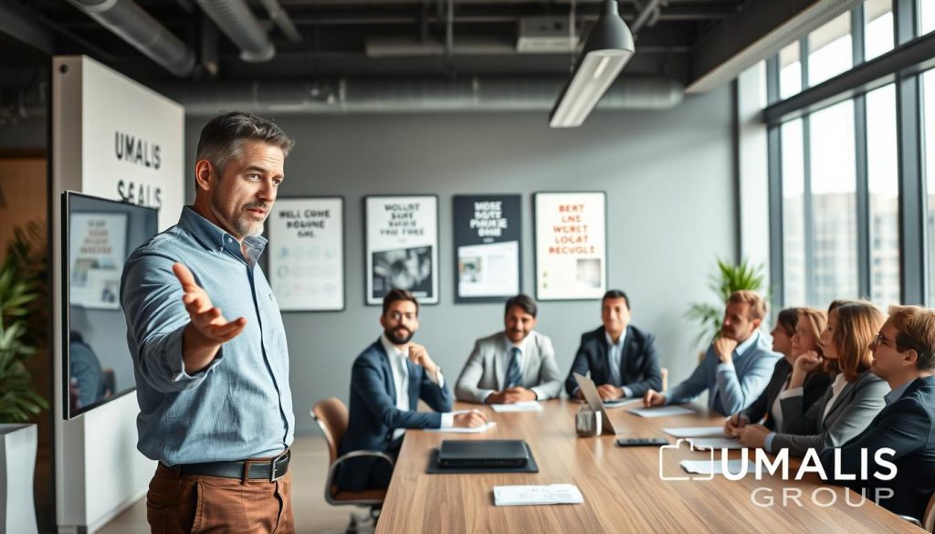 A professional trainer in a modern office setting, engaging with a diverse group of attentive adult learners. The foreground shows a confident, middle-aged male trainer in smart-casual attire, gesturing as he explains a concept on a digital screen. In the middle ground, a multi-ethnic group of men and women, dressed in business casual clothing, are seated around a large conference table, taking notes and nodding in agreement. The background features sleek office decor with motivational posters and large windows allowing natural light to stream in, creating a bright and inspiring atmosphere. The overall mood is collaborative and professional, illustrating the concept of "portage salarial" in a clear and informative manner. The branding "UMALIS GROUP" is subtly integrated into the office environment.