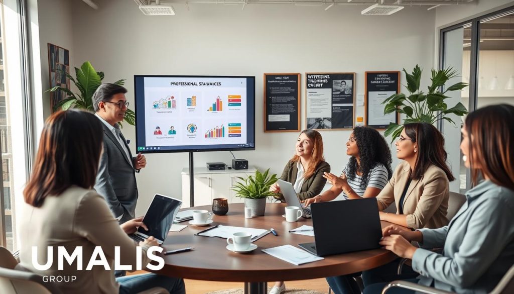 A professional training and guidance scene in a modern office environment depicting a diverse group of individuals engaged in a collaborative workshop. In the foreground, a confident facilitator in business attire is presenting a training module, with visuals on a screen that illustrate professional growth strategies. Participants, dressed in modest business casual attire, are attentively listening and taking notes, reflecting a mix of ages and backgrounds to showcase inclusivity. The middle ground features a round table with open laptops, notebooks, and coffee cups, symbolizing an interactive learning atmosphere. The background reveals a bright, well-lit office with motivational posters and greenery, enhancing the positive mood of professional development. Soft, natural lighting streams in through large windows, creating an inviting and productive ambiance. Include the brand name "UMALIS GROUP" subtly integrated into the scene.