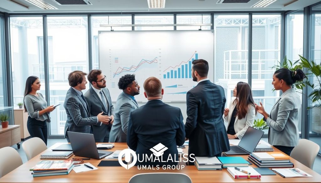 A professional training environment showcasing the concept of skill enhancement and continuous learning through CPF (Compte Personnel de Formation). In the foreground, a diverse group of individuals in professional business attire engage in an animated discussion around a table filled with laptops, books, and certification materials. The middle section features a large whiteboard displaying graphs and charts, symbolizing growth in skills and knowledge, while the background shows a bright modern office space with large windows letting in natural light. The atmosphere is focused and collaborative, conveying motivation and ambition. Style should be realistic and professional, emphasizing a sense of achievement. The logo "UMALIS GROUP" should be subtly included in the scene, enhancing the training environment without distracting from the main focus. A professional training environment showcasing the concept of skill enhancement and continuous learning through CPF (Compte Personnel de Formation). In the foreground, a diverse group of individuals in professional business attire engage in an animated discussion around a table filled with laptops, books, and certification materials. The middle section features a large whiteboard displaying graphs and charts, symbolizing growth in skills and knowledge, while the background shows a bright modern office space with large windows letting in natural light. The atmosphere is focused and collaborative, conveying motivation and ambition. Style should be realistic and professional, emphasizing a sense of achievement. The logo "UMALIS GROUP" should be subtly included in the scene, enhancing the training environment without distracting from the main focus.
