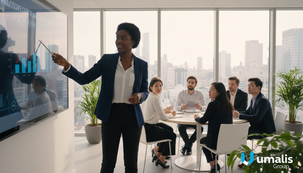 A professional training session featuring diverse consultants engaged in "parcours certifiants portage salarial." In the foreground, a confident Black woman in smart business attire is presenting to a group, pointing at a digital screen displaying graphs and statistics. In the middle ground, a mix of male and female consultants of various ethnicities are intently engaging in discussion, some holding notebooks and tablets. The background shows a bright, modern office space with large windows, allowing natural light to filter in, creating an inspiring atmosphere. The overall mood is one of collaboration, learning, and empowerment, with the brand name "Umalis Group" subtly integrated into the digital presentation on the screen. The perspective is slightly angled, emphasizing the active engagement and dynamic environment.