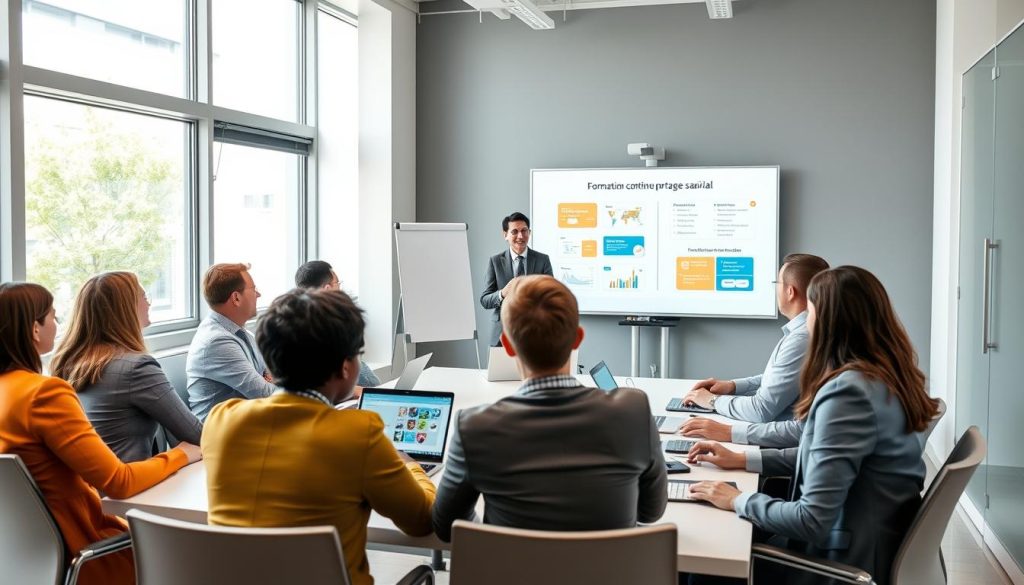 A professional training session focused on "formation continue portage salarial." In the foreground, a diverse group of engaged adults dressed in smart business attire, actively participating in a workshop. They are seated around a modern conference table, with laptops and notepads open, reflecting deep concentration. In the middle, a knowledgeable instructor stands at a digital whiteboard, explaining concepts with enthusiasm, showcasing visuals related to skill development and career evolution. The background features a bright, contemporary training room with large windows, letting natural light in, and demonstrating a positive, motivational atmosphere. The overall color palette is vibrant yet professional, reflecting a sense of growth and opportunity, with the Umalis Group logo subtly featured on a presentation slide.