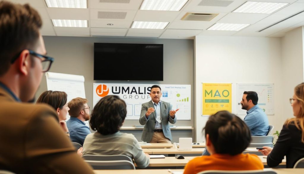 A professional training session in a modern, well-lit classroom. In the foreground, a group of diverse adult learners actively engaged in a collaborative discussion, their faces expressing deep concentration. In the middle ground, a knowledgeable instructor stands at the front, gesturing animatedly as they facilitate the session. The background features the UMALIS GROUP logo prominently displayed on the wall, along with informative visuals and charts relevant to the training topic. The overall scene conveys a sense of focused learning, knowledge-sharing, and professional development.