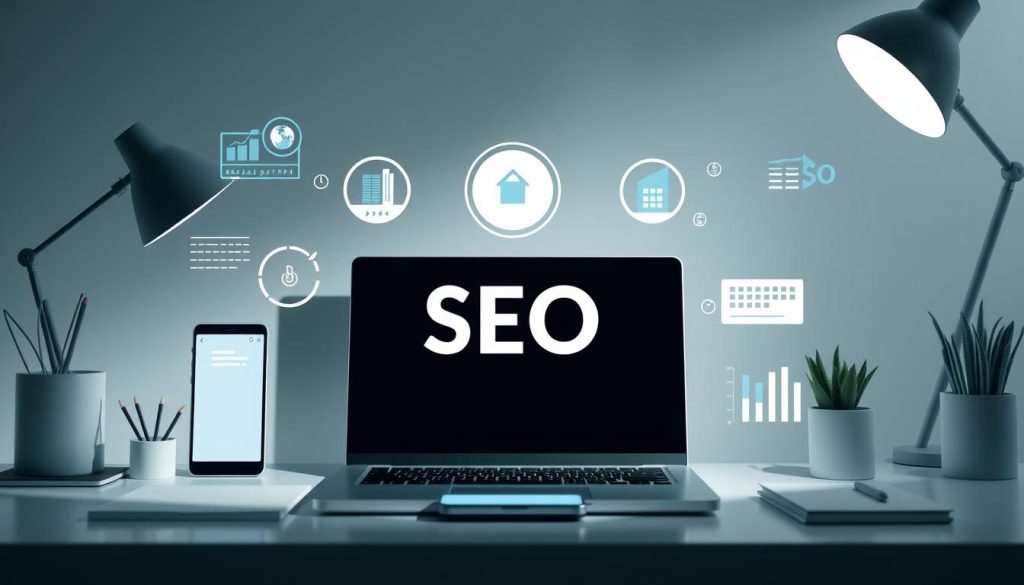A professional, visually compelling illustration of "on-page SEO techniques" for a freelance website. The image depicts a modern, minimalist workspace with a laptop, smartphone, and various SEO-related icons and infographic elements strategically placed. The lighting is soft and diffused, creating a calm, focused atmosphere. The color palette is muted, with accents of blues and greens to convey the Umalis Group brand. The composition is balanced, with the foreground elements drawing the viewer's attention to the core "on-page SEO" concept, while the background provides context and a sense of depth. The overall aesthetic is clean, informative, and visually engaging, capturing the essence of the "On-Page SEO Techniques for Your Freelance Website" section.