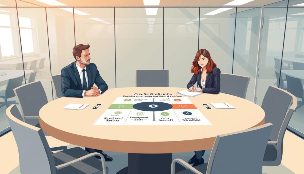 A professional, visually engaging illustration comparing various professional statuses for technical consultants. In the foreground, depict a round conference table with a diverse group of three professionals—two men and one woman—wearing business attire, engaged in discussion over a chart showing benefits of different statuses, like freelance, employment, and portage salarial. In the middle, include infographics with clear icons symbolizing growth, stability, and flexibility in each professional status. The background showcases a modern office environment with glass walls, natural light streaming in, enhancing productivity. Use a slightly warm color palette to convey an atmosphere of collaboration and professionalism. The camera angle should be slightly elevated to capture the entire scene effectively, focusing on the interactions and visual data. A professional, visually engaging illustration comparing various professional statuses for technical consultants. In the foreground, depict a round conference table with a diverse group of three professionals—two men and one woman—wearing business attire, engaged in discussion over a chart showing benefits of different statuses, like freelance, employment, and portage salarial. In the middle, include infographics with clear icons symbolizing growth, stability, and flexibility in each professional status. The background showcases a modern office environment with glass walls, natural light streaming in, enhancing productivity. Use a slightly warm color palette to convey an atmosphere of collaboration and professionalism. The camera angle should be slightly elevated to capture the entire scene effectively, focusing on the interactions and visual data.