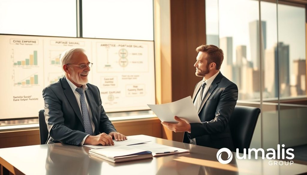A professional, warm office environment depicting a senior consultant engaged in a discussion with a younger colleague. In the foreground, the senior, dressed in business attire, happily reviews financial documents on a sleek, modern desk. The middle ground features a large window with soft afternoon light filtering through, casting gentle shadows and creating a thoughtful atmosphere. Behind them, a boardroom is visible with a whiteboard filled with diagrams illustrating the concept of "cumul emploi retraite" and "portage salarial". The background is a soft-focus view of city skyscrapers, symbolizing professionalism and opportunity. The overall mood is collaborative and inspirational, highlighting the synergy between experience and modern work practices. Include a small logo of "Umalis Group" subtly in the corner of the image.
