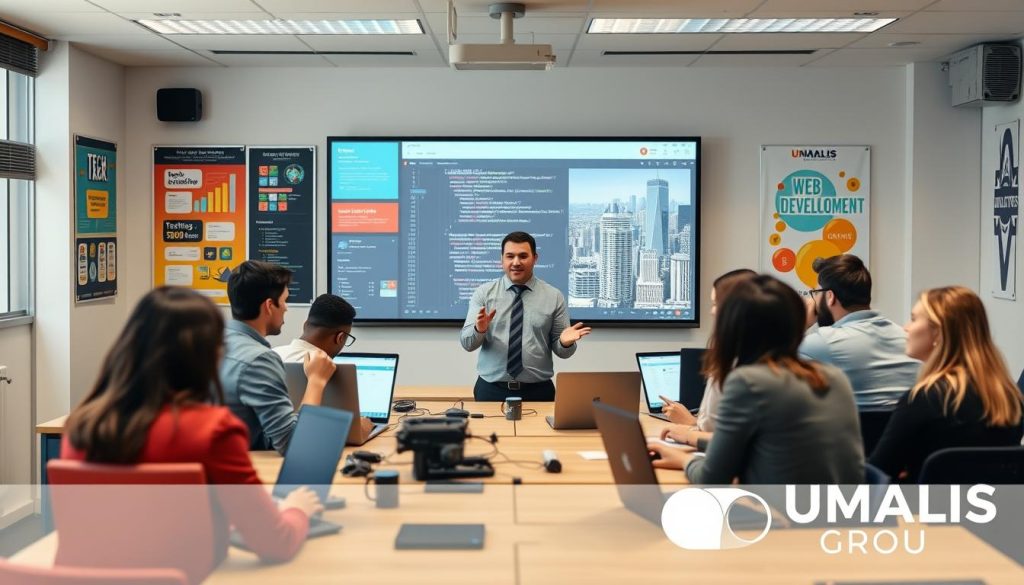 A professional web development training session at a modern, well-lit classroom. In the foreground, a diverse group of adult learners, dressed in smart casual attire, are engaged with laptops, collaborating and discussing code together. In the middle, a confident instructor, demonstrating web development concepts on a large screen, emphasizes key programming skills. The background features colorful posters showcasing tech stacks and web development tools, along with a window revealing a cityscape to convey a dynamic environment. The scene is bright with natural light and warm overhead lighting, creating an inviting atmosphere. The branding "UMALIS GROUP" is subtly integrated into the classroom decor. The overall mood is inspiring and focused on learning and collaboration.
