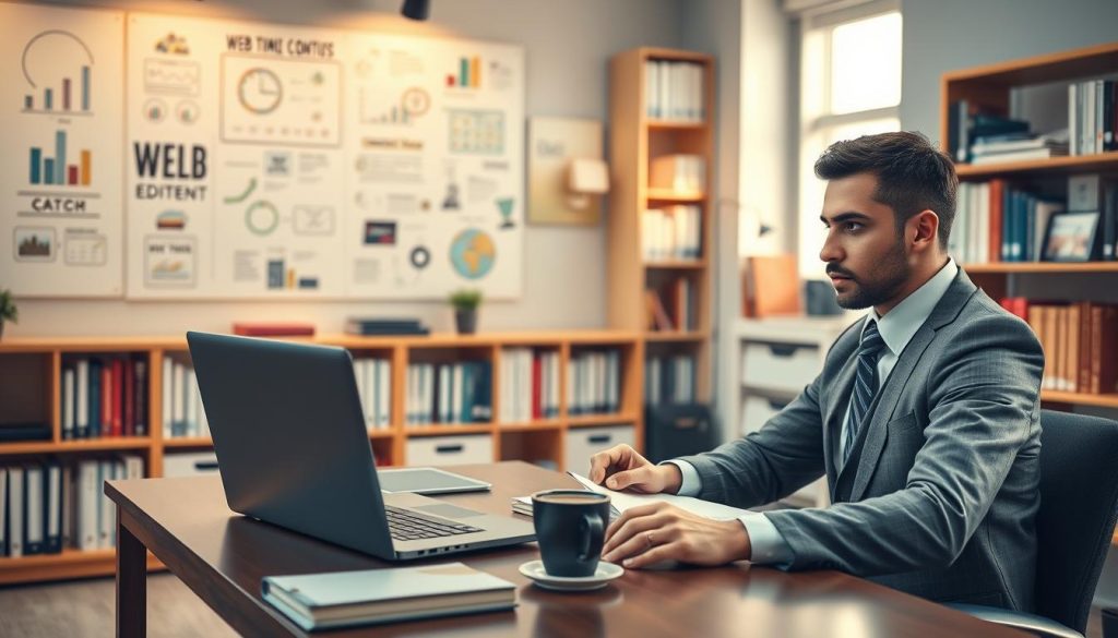 A professional web writer’s workspace showcasing an organized editorial method. In the foreground, a focused individual in smart business attire sits at a desk with a laptop, notepad, and a coffee cup, symbolizing productivity and creativity. In the middle ground, visually engaging charts and notes on a wall related to web content strategy create an atmosphere of structured planning and efficiency. The background features soft-illuminated shelves filled with books on writing and digital marketing, contributing to a scholarly ambiance. The soft, natural light streaming through a nearby window highlights the writer's determination and focus. The overall mood is inspiring and professional, perfect for reflecting the theme of maintaining value in the era of LLM, with a subtle inclusion of the brand name "UMALIS GROUP" on the laptop's screen.