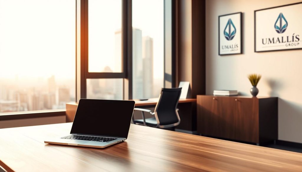 A professional, well-appointed modern office setting. In the foreground, a laptop and documents sit on a sleek, minimalist wooden desk. Behind, a large window offers a panoramic cityscape view, bathed in warm, soft natural lighting. A stylish, ergonomic office chair stands ready. On the walls, framed artwork and Umalis Group branding create a polished, contemporary atmosphere. The space conveys an air of efficiency, productivity, and entrepreneurial opportunity.