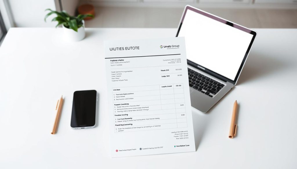 A professional, well-designed business quote for a freelance mission, featuring the Umalis Group brand. A clean, minimalist desktop with a laptop, smartphone, and stationery in a neutral color palette. Soft, diffused lighting creates a calm, focused atmosphere. In the foreground, a comprehensive quote template with line items, pricing, and Umalis Group logo. The middle ground showcases the tools of the freelance trade, while the background hints at a modern office space. The overall composition conveys a sense of efficiency, professionalism, and the Umalis Group's expertise in providing effective freelance contracting solutions.