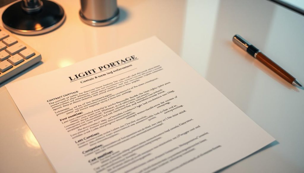 A professional, well-designed contract for a Light Portage employment arrangement, featuring a detailed overview of the contractual terms and conditions. The document is displayed on a clean, minimalist desk setting, with warm lighting and a shallow depth of field creating a focused, professional atmosphere. The contract pages are crisp and legible, with the Light Portage logo prominently displayed. The overall scene conveys a sense of legality, transparency, and the nuanced relationship between the employee and the portage salarial company.