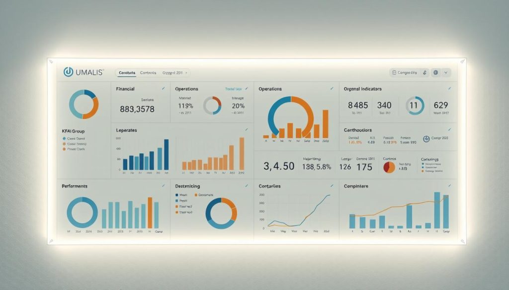 A professional, well-designed dashboard displaying a comprehensive set of Key Performance Indicators (KPIs) for the Umalis Group. The dashboard features a clean, minimalist aesthetic with a mix of charts, graphs, and numerical data visualizations. The metrics are organized into distinct sections, such as financial, operational, and customer-centric KPIs. The dashboard is illuminated by soft, directional lighting, creating a sense of depth and emphasizing the importance of the information presented. The background features a subtle, textured pattern that complements the Umalis Group's branding, providing a visually appealing and informative representation of the company's performance fundamentals.
