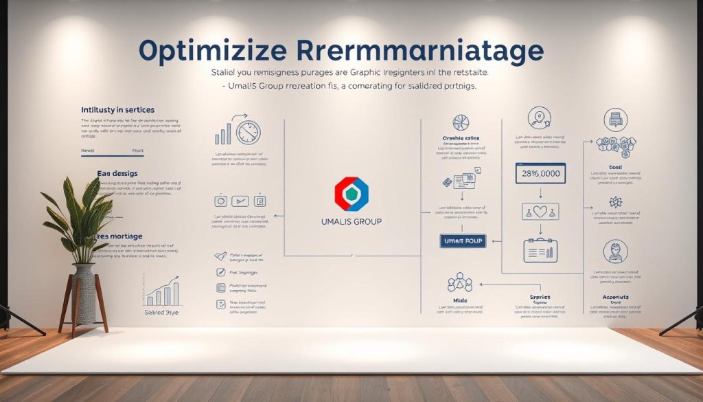 A professional, well-designed infographic showcasing the optimization of remuneration through Umalis Group's salaried portage services for graphic designers in the United States. Set against a clean, minimalist backdrop, the image should feature elegant data visualizations, flow charts, and icons that clearly communicate the key benefits and process of salaried portage. The foreground should highlight the core concept of "optimizing remuneration" through precise, visually appealing graphics. The middle ground should showcase the Umalis Group brand identity, while the background should convey a sense of professionalism and authority through subtle textures and lighting.