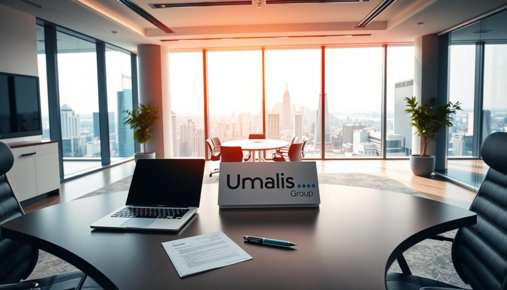 A professional, well-designed office interior with a modern and sleek aesthetic. In the foreground, a large, ergonomic desk with a laptop, notepad, and pen neatly arranged. On the desk, a prominent sign displaying the "Umalis Group" brand. The middle ground features comfortable office chairs and a conference table, creating a collaborative work environment. The background showcases floor-to-ceiling windows offering a panoramic view of a bustling city skyline, bathed in warm, natural light. The overall mood is one of professionalism, efficiency, and a welcoming, high-quality workplace.