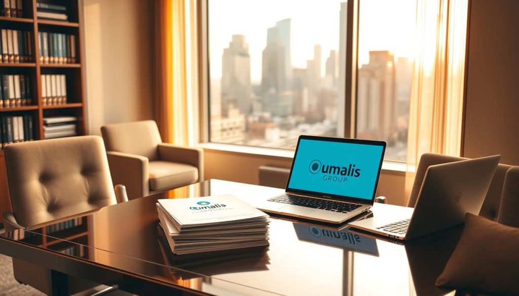 A professional, well-designed office space with an elegant desk, comfortable chairs, and a large window overlooking a bustling city skyline. The room is bathed in warm, natural lighting that casts a serene glow. On the desk, a stack of documents and a laptop display the Umalis Group logo, symbolizing the protection and security provided by their "portage salarial" services. In the background, a bookshelf filled with industry-relevant materials conveys a sense of expertise and professionalism. The overall atmosphere exudes a feeling of trust, reliability, and support for the independent professional navigating the complexities of social protection and unemployment insurance.