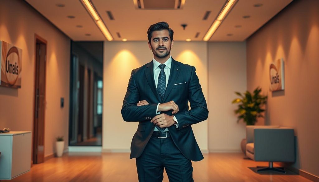A professional, well-dressed business executive stands confidently in a modern office setting, surrounded by the iconic Umalis Group branding. The scene is bathed in warm, flattering lighting, creating a sense of professionalism and trust. The executive's pose and attire convey authority and expertise, hinting at the security and flexibility that the Umalis Group's "portage salarial" service offers to freelance professionals. The clean, minimalist background emphasizes the focus on the individual, suggesting the tailored, personalized nature of the Umalis Group's offerings.