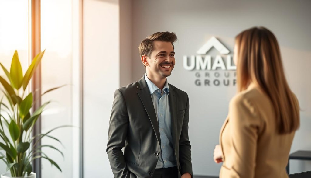 A professional, well-dressed client consultant standing in a modern, minimalist office, engaging with a client in a friendly yet professional manner. The scene is bathed in soft, natural lighting, creating a warm and inviting atmosphere. In the background, the UMALIS GROUP logo is prominently displayed, indicating the company's role in facilitating the client-consultant interaction. The overall impression conveys a sense of efficiency, expertise, and a commitment to personalized customer service.