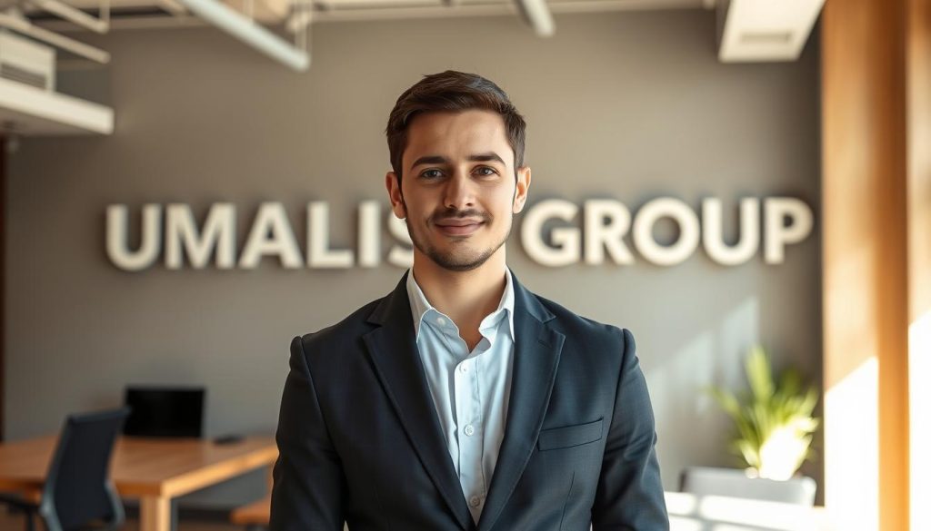 A professional, well-dressed employee standing confidently in a modern office, surrounded by a stylish, minimalist workspace. The lighting is warm and directional, casting subtle shadows that accentuate the subject's features. The focus is sharp, creating a sense of clarity and attention to detail. In the background, the UMALIS GROUP logo is prominently displayed, conveying the company's role in supporting the employee's professional development. The overall atmosphere is one of empowerment, growth, and the successful integration of training and salaried employment.