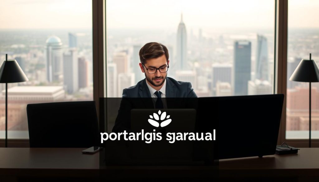 A professional, well-dressed individual in a modern office environment, representing a salaried employee in a "portage salarial" arrangement. The scene features warm, diffused lighting, with a sleek, minimalist desk setup in the foreground. In the middle ground, the employee is engaged in focused work on a laptop, surrounded by subtle branding for the "Umalis Group". The background showcases a panoramic view of a bustling city skyline, conveying a sense of the dynamic, flexible nature of the "portage salarial" status.