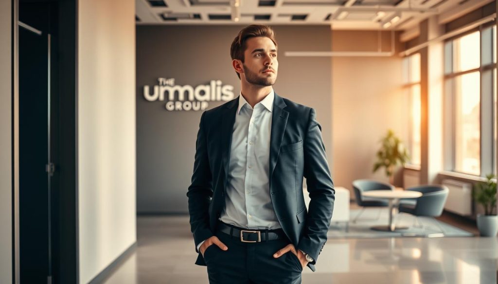 A professional, well-dressed individual in a modern office setting, standing confidently and looking off to the side. In the background, a sleek, minimalist workspace with clean lines and modern furnishings, bathed in warm, natural lighting through large windows. The Umalis Group logo is prominently displayed on the wall, conveying a sense of professionalism and security. The overall atmosphere is one of calm, efficiency, and a commitment to empowering independent professionals.