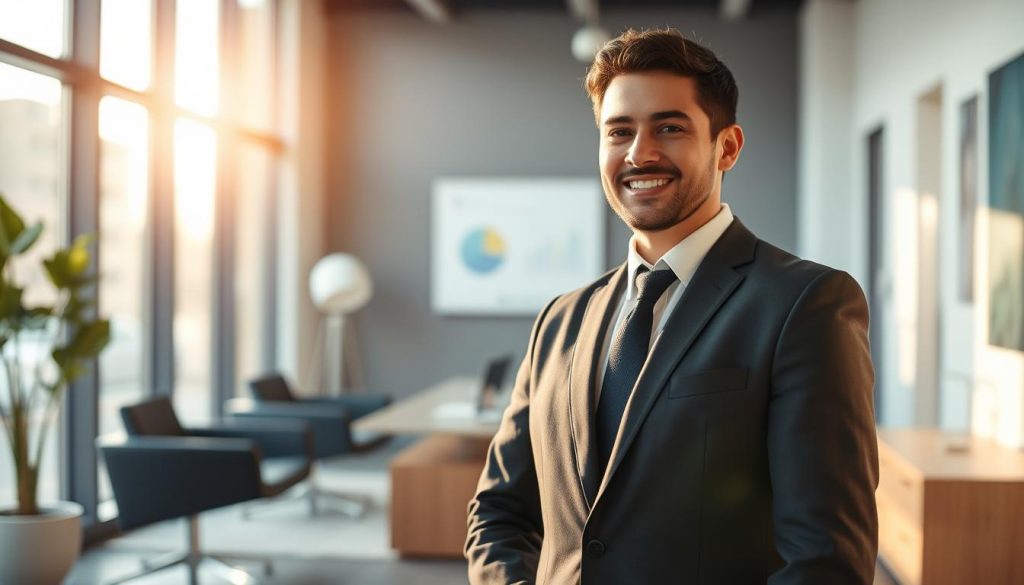 A professional, well-dressed individual standing confidently in a modern, minimalist office setting. The scene is bathed in warm, natural lighting, creating a welcoming and productive atmosphere. In the background, sleek furniture and clean lines suggest a sense of organization and efficiency. The person's expression conveys a balance of focus and contentment, embodying the security and freedom promised by "Portage Salarial" as offered by the Umalis Group.