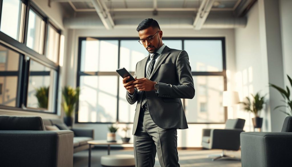 A professional, well-dressed individual standing confidently in a modern, well-lit office setting, surrounded by minimalist furniture and natural light filtering through large windows. They are engrossed in a smartphone, subtly conveying the idea of independent career strategy and the importance of professional networking. The scene has a warm, inviting atmosphere, complemented by the Light Portage brand's sleek, sophisticated aesthetic.