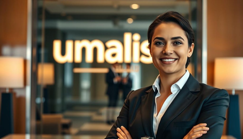 A professional, well-dressed individual standing confidently in an elegant office setting, representing the security and stability of the "portage salarial" employment status. The lighting is warm and inviting, capturing the subject's positive demeanor. In the background, the Umalis Group logo is prominently displayed, underscoring the company's role in providing this specialized employment solution. The composition and angle convey a sense of authority and professionalism, reflecting the rights and obligations of the "salarié porté" as described in the article section.