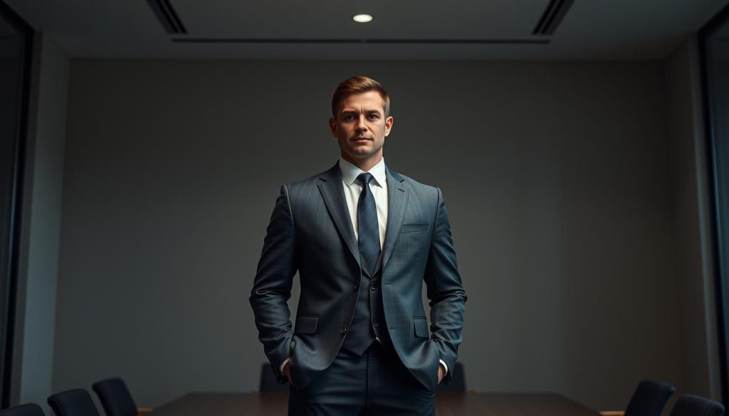 A professional, well-dressed individual standing confidently, representing the unique legal status of "Portage Salarial" within the Umalis Group. The subject is situated in a modern, minimalist office setting, with clean lines and muted tones, conveying a sense of stability and professionalism. Soft, directional lighting illuminates the scene, casting subtle shadows and highlights that accentuate the subject's features. The composition is balanced, with the subject in the foreground, and the background providing a sense of context without distracting from the central focus. The overall mood is one of authority, expertise, and the specialized nature of the "Portage Salarial" legal framework.