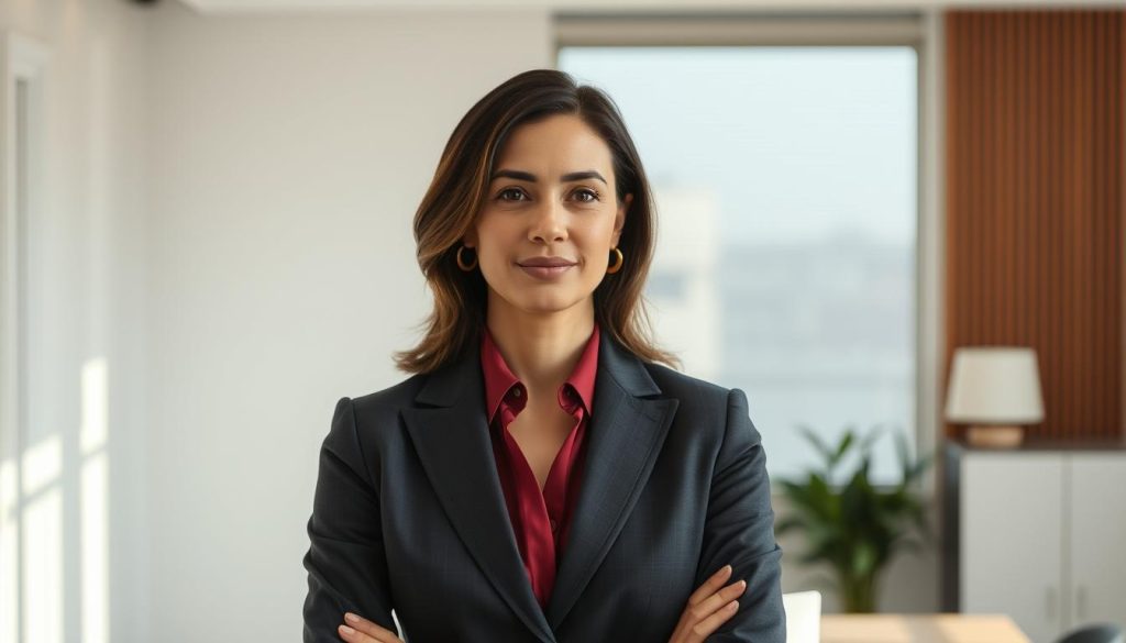A professional, well-dressed individual stands in a serene office setting, conveying a sense of stability and security. The lighting is soft and natural, creating a warm, inviting atmosphere. The background features clean, minimalist design elements, suggesting an organized and structured work environment. The subject's expression is calm and confident, reflecting the reliability and predictability associated with "Portage Salarial," a flexible employment model. The overall composition and tone evoke the notion of career stability and the reassurance of a steady paycheck, addressing the common misconceptions surrounding this innovative employment approach.