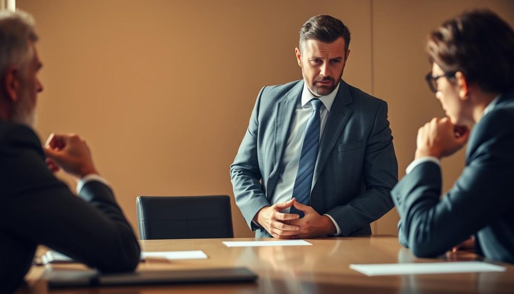 A professional, well-dressed man stands at a boardroom table, engaged in a tense negotiation with a potential client. The lighting is warm and soft, casting subtle shadows that highlight the intensity of the discussion. The client, seated across the table, leans forward with a serious expression, hands clasped in contemplation. The background is subtly blurred, keeping the focus on the negotiation process. The man's posture is confident yet measured, as he carefully considers his next move, aiming to reach a mutually beneficial agreement on the terms of the contract.