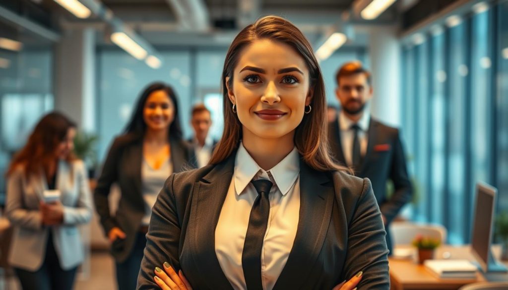 A professional, well-dressed woman standing in a modern office setting, surrounded by a diverse team of colleagues. The scene conveys a sense of teamwork, collaboration, and a dynamic work environment. The woman's expression and body language suggest confidence and professionalism, embodying the concept of "portage salarial" as a service offered by the Umalis Group. Warm, directional lighting illuminates the scene, creating a welcoming and productive atmosphere. The composition emphasizes the woman's central role, with the team members in the background providing a supportive context.