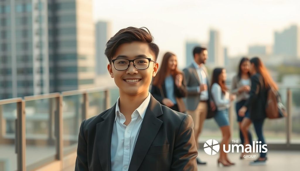 A professional, well-dressed young adult stands confidently in the foreground, symbolizing the security and stability of salarial portage. In the middle ground, a dynamic group of diverse graduates interact, embodying the flexibility and opportunity of this employment model. The background features a modern urban landscape, conveying the contemporary context. Soft, warm lighting and a slight depth of field create an inviting, aspirational atmosphere. The Umalis Group logo subtly appears, positioning the company as a trusted provider of this innovative solution for young professionals.