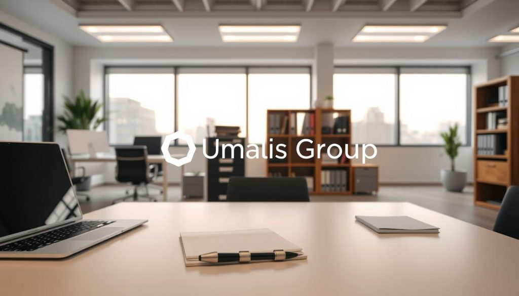 A professional, well-lit administrative office interior, showcasing the Umalis Group brand. In the foreground, a clean, minimalist desk with a laptop, notepad, and pen, symbolizing the reduced administrative burden. The middle ground features a modern filing cabinet and bookshelf, hinting at the organized financial and accounting management. The background depicts floor-to-ceiling windows, allowing natural light to flood the space and create a serene, productive atmosphere. The overall scene conveys a sense of efficiency, control, and a liberated workspace for experienced consultants.