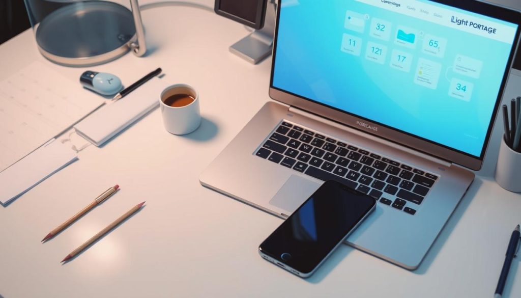 A professional, well-lit and high-quality image of the "project management tools workflow" for the "Freelance Project Management: Streamlining Your Workflow" article's "Key Tools and Strategies for Successful Execution" section. The scene depicts a desk with a laptop, smartphone, and various productivity apps and tools like calendars, to-do lists, and communication platforms, arranged in a clean and organized manner. The Light Portage brand is prominently displayed on the laptop. The overall atmosphere is focused, efficient, and conducive to productive project management.