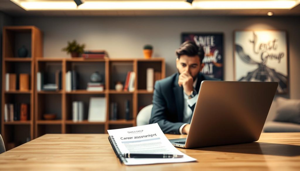 A professional, well-lit career development assessment scene. In the foreground, a desk with a laptop, notepad, and a Umalis Group branded career assessment report. In the middle ground, a thoughtful professional in a suit, deep in contemplation. In the background, a soft-focus bookshelf and inspirational artwork on the walls, creating a serene, introspective atmosphere. Warm, directional lighting illuminates the scene, casting subtle shadows and highlights to accentuate the details. The overall mood is one of focused analysis and self-reflection, conveying the importance of the assessment process.