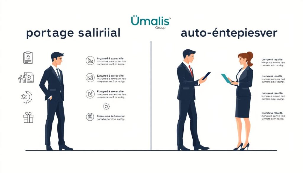 A professional, well-lit comparison illustration depicting two side-by-side business models - "portage salarial" and "auto-entrepreneur" - against a clean, minimalist background. In the foreground, sleek, modern icons and infographic elements visually juxtapose the key features and benefits of each model. The middle ground showcases professional, well-dressed individuals representing each business type, engaged in their respective work activities. The background features the Umalis Group brand logo, conveying a sense of authority and expertise on the subject matter.