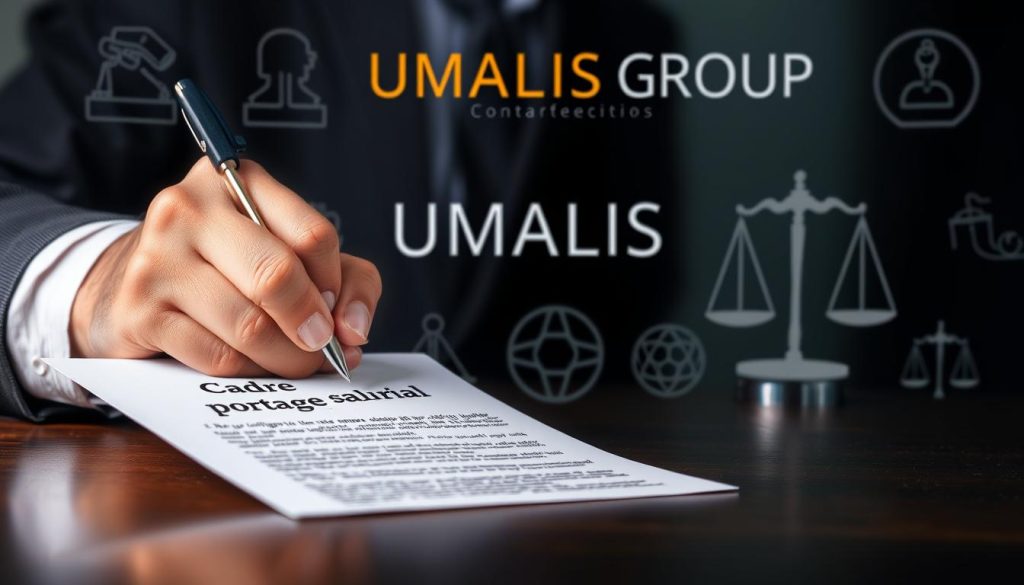 A professional, well-lit, high-resolution image of a hand signing a legal document titled "Cadre juridique portage salarial" against a backdrop of the UMALIS GROUP logo and symbols representing the legal framework and obligations of a salaried employment arrangement. The foreground features a focused, close-up view of the hand and document, with the middle ground showcasing the UMALIS GROUP branding and the background subtly depicting relevant legal iconography and a sense of authority and legitimacy.