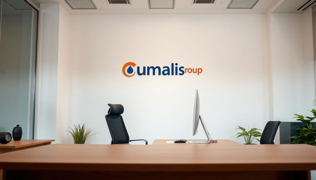 A professional, well-lit, high-resolution photograph of an office setting portraying the "portage salarial" concept. The frame should show a modern, minimalist workspace with a desk, office chair, and computer setup in the foreground. In the middle ground, a person in formal attire is seated at the desk, representing the "salarié porté" or temporary employee. The background features the Umalis Group logo prominently displayed on the wall, conveying the company's association with the "portage salarial" service. The lighting is warm and natural, creating a professional and inviting atmosphere. The overall composition should convey the security and stability provided by the "portage salarial" employment model.