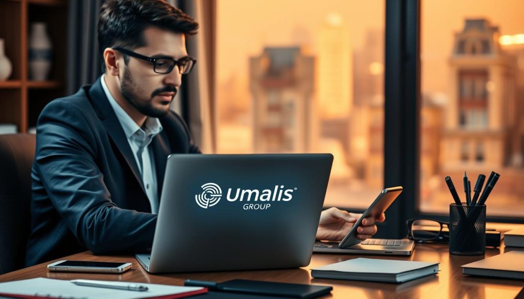 A professional, well-lit image of a business person working remotely from a home office, surrounded by a laptop, smartphone, and other office supplies. The person is dressed in business attire, focused intently on their work. In the background, a warm, blurred cityscape can be seen through a window, representing the international nature of the "portage salarial" concept. The Umalis Group logo is prominently displayed on the laptop or another surface. The overall mood is one of productivity, professionalism, and the flexibility of the "portage salarial" work arrangement.