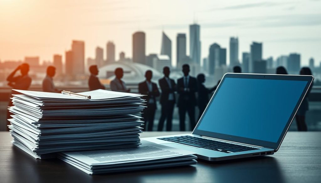 A professional, well-lit image of the "cadre juridique métiers du web" for the Umalis Group. In the foreground, a stack of legal documents and a laptop, symbolizing the digital aspects of the legal framework. In the middle ground, silhouettes of various web professionals, from developers to designers, representing the diverse roles encompassed. The background features a cityscape with skyscrapers, hinting at the dynamic, urban nature of the web industry. The lighting is soft and warm, creating a sense of professionalism and authority. The overall composition conveys the intersection of law, technology, and the skilled workforce that powers the digital landscape.