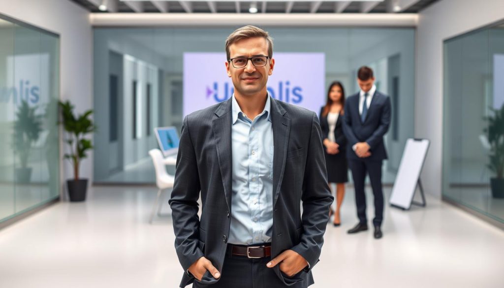 A professional, well-lit image showcasing the concept of "cas d'usage portage salarial interim". In the foreground, a businessperson in a suit stands confidently, representing the interim worker. In the middle ground, a group of colleagues in an office setting, symbolizing the portage salarial arrangement. In the background, the Umalis Group logo is prominently displayed, indicating the organization facilitating these employment solutions. The lighting is crisp and evenly distributed, highlighting the professionalism and reliability of the services offered. The overall mood is one of collaboration, flexibility, and business success.