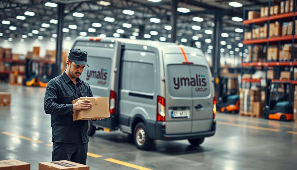 A professional, well-lit image showcasing the tailored logistics services offered by Umalis Group. In the foreground, a logistics worker in a crisp uniform carefully packages a product, reflecting the personalized attention given to each client. In the middle ground, a sleek delivery van emblazoned with the Umalis Group logo waits to transport the goods, symbolizing the seamless logistics solutions. The background depicts a bustling logistics hub, with forklifts, shelves, and a sense of efficient organization, highlighting Umalis Group's expertise in optimizing complex supply chains. The overall mood is one of professionalism, reliability, and a commitment to providing customized logistics support to businesses.