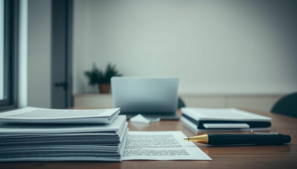 A professional, well-lit legal document with the Umalis Group logo, depicting the formal framework and collective agreement governing the practice of interim management and consulting. In the foreground, a neatly organized stack of papers outlines the legal safeguards and regulations. In the middle ground, a laptop and writing implements suggest the administrative process. The background features a subtle, neutral office setting with clean lines and muted tones, conveying a sense of security and compliance.
