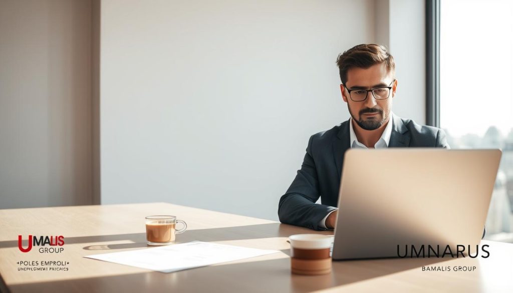 A professional, well-lit office environment featuring a focused individual wearing business attire, diligently using a laptop to check eligibility for unemployment benefits with Pôle Emploi. In the foreground, the person appears engaged, their expression conveying determination and clarity. The middle of the image showcases a stylish desk with a few documents related to employment and self-employment status, alongside a cup of coffee. In the background, a sleek window reveals a bright, optimistic cityscape, suggesting opportunity and hope. The lighting is soft yet direct, casting gentle shadows that enhance the professional atmosphere. The image embodies the theme of stability in professional life, with a subtle inclusion of the UMALIS GROUP logo in the corner of the desk. The overall mood is one of focus, hope, and professionalism.