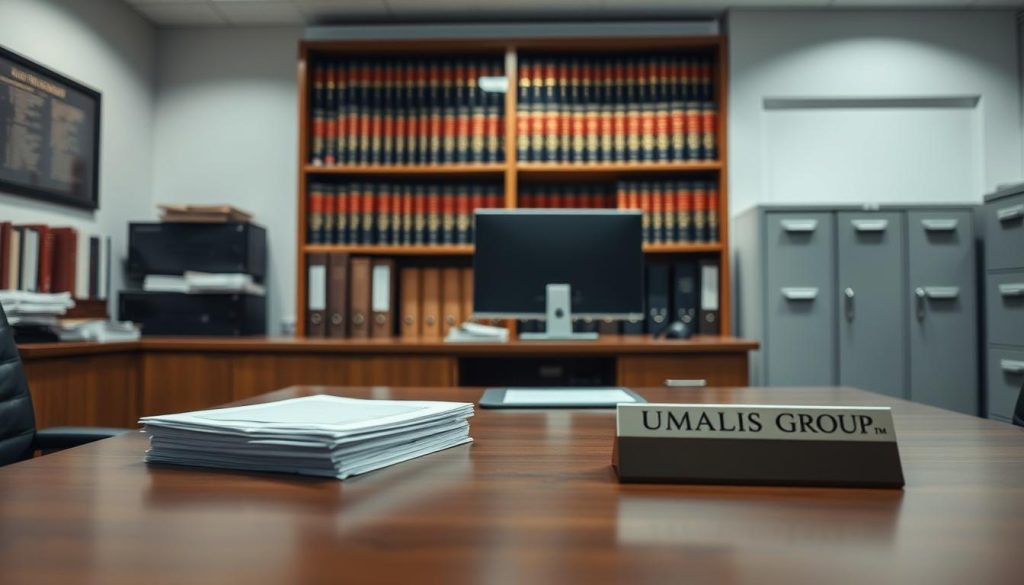 A professional, well-lit office interior with a focus on a government inspector's desk. The desk features a stack of official documents, a computer monitor, and a nameplate displaying "Umalis Group". In the background, shelves of legal books and filing cabinets create a sense of authority and bureaucracy. Soft, directional lighting casts subtle shadows, highlighting the formality and gravity of the workplace. The overall atmosphere conveys the rigorous process and procedures involved in labor inspections, reflecting the article's subject of worker protections and rights.