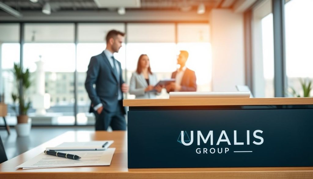 A professional, well-lit office scene showcasing the legal framework of employee leasing. In the foreground, a desk displays the UMALIS GROUP logo, signifying the trusted provider of this service. On the desk, documents and a tablet highlight the compliance and legal aspects. In the middle ground, two business professionals are engaged in a discussion, conveying the assurance of best practices. The background features floor-to-ceiling windows, allowing natural light to illuminate the space and create a sense of transparency. The overall atmosphere exudes a modern, authoritative, and trustworthy vibe, reflecting the robust legal structure that underpins the employee leasing industry.